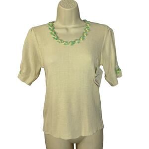 Helen Sue Vtg 70s Knit Sweater Blouse Flower Aplique Stretch Deadstock